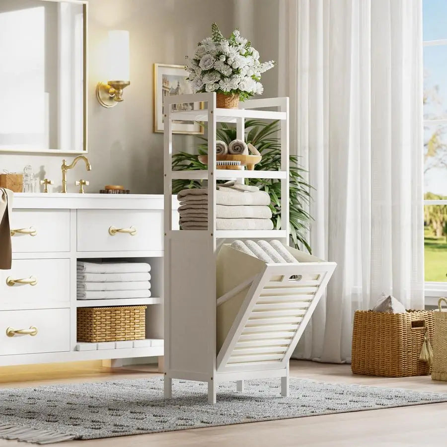 Bamboo Tilt Out Hamper, Bathroom Laundry Cabinet with Hidden Foldable Basket, Freestanding Clothes Storage Organizer with Storag