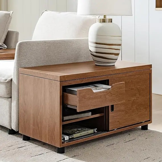Home Sofa Side Table with Modular Design, Rectangle Wood End Table with Adjustable Shelves, Modern Coffee Table with Storage
