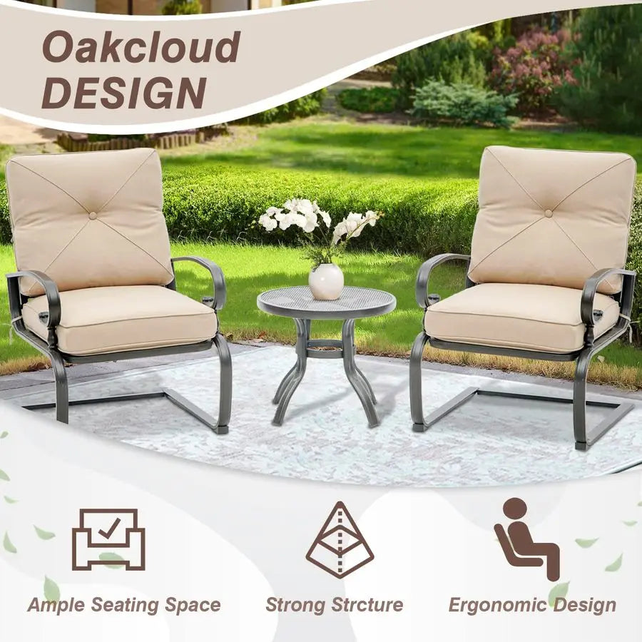 Outdoor Bistro Set 3Piece Spring Metal Lounge Cushioned Chairs and Bistro Table Set Wrought Iron Cafe Furniture Seat, Brown