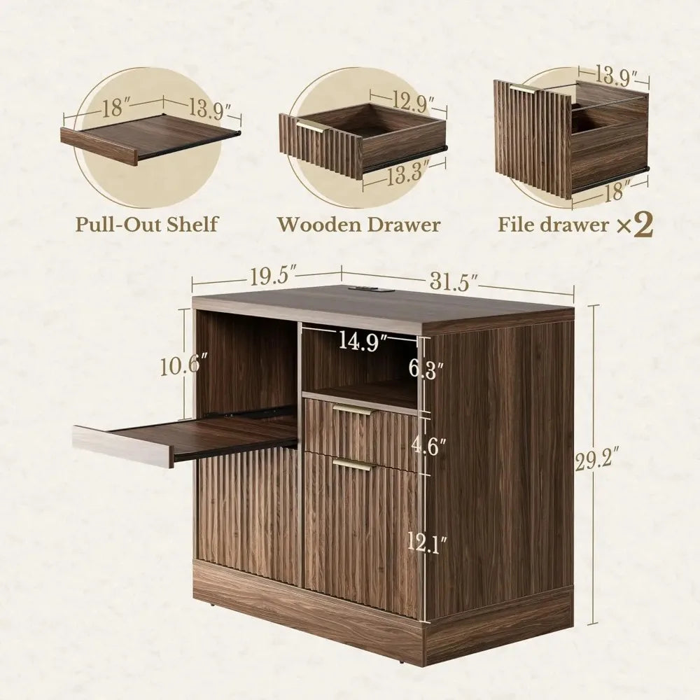 3 Drawer File Cabinet, Fluted Wood Lateral Filing Cabinet with Charging Station for Home Office, Fits for A4/Letter-Sized Files,