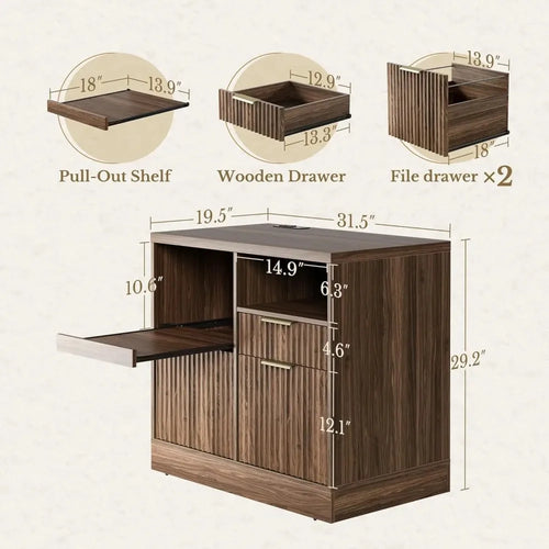 3 Drawer File Cabinet, Fluted Wood Lateral Filing Cabinet with Charging Station for Home Office, Fits for A4/Letter-Sized Files,