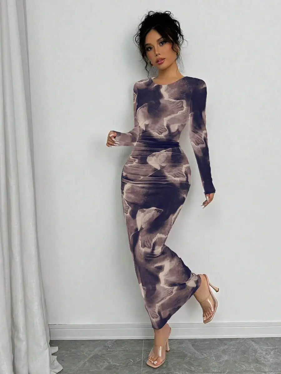 Elenzga Elegant Gradient Long Sleeve Slim Fit Women's Dress Fall Cloth For Women