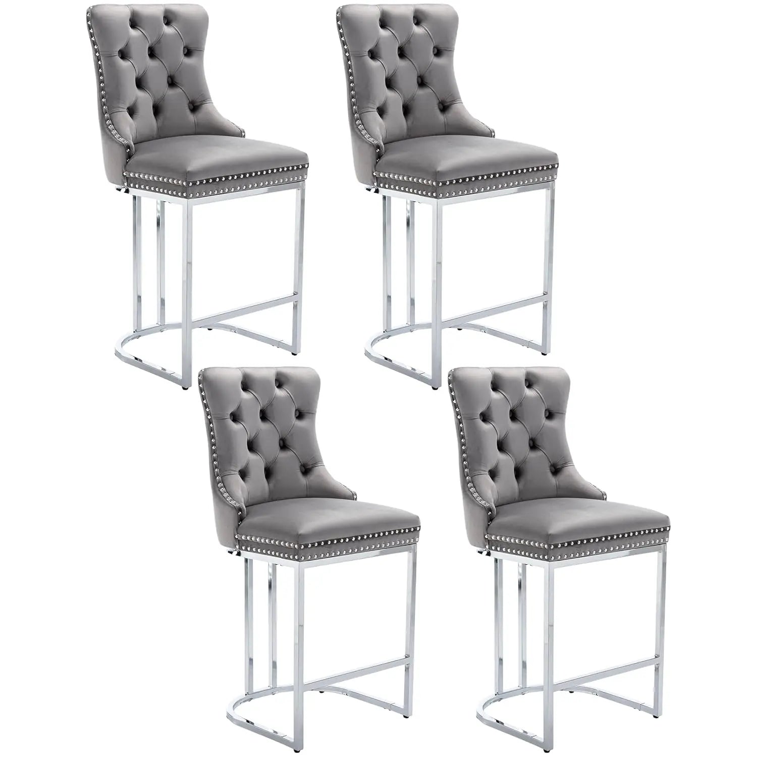 26” Velvet Upholstered Bar Stools Set of 4, Counter Height Bar Chairs with Button Back, Nailhead Rivet Trim, Chrome, Customized