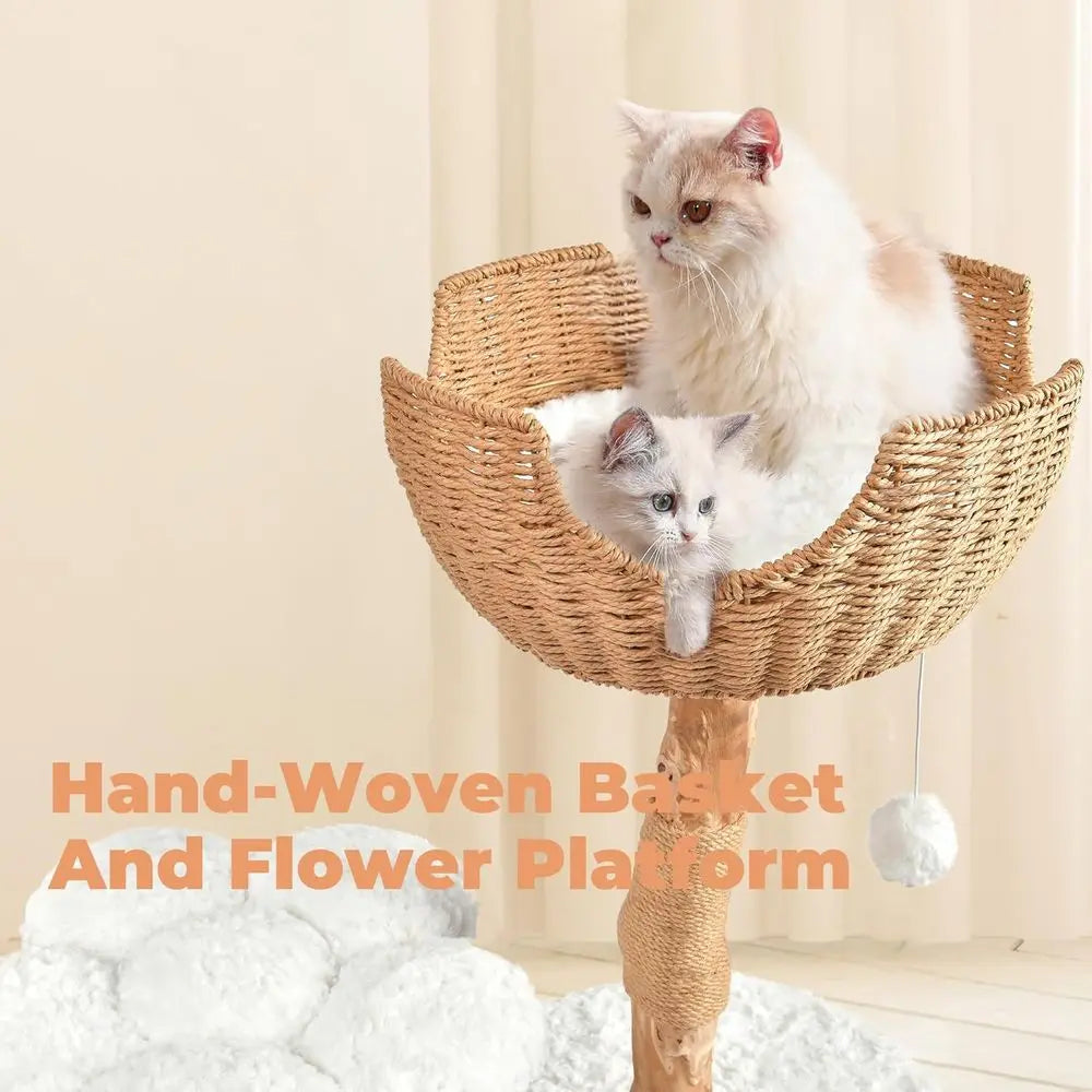 Luxury Wooden Cat Tower with Scratching Posts and Flower Platforms for Large Cats, Rabbit Hair White