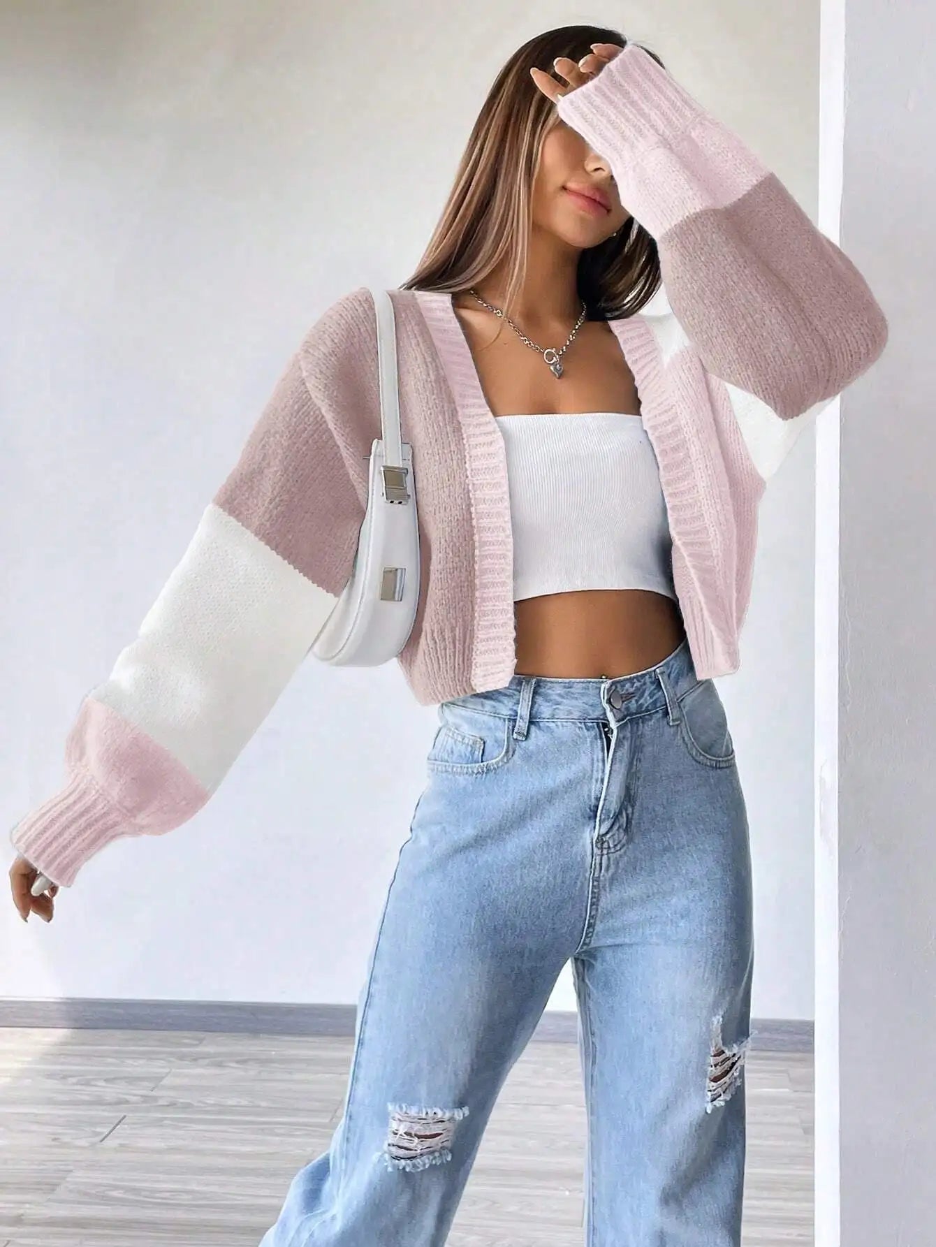 Color Block Drop Shoulder Knit Cardigan for Women, Long Sleeve Fall Winter Casual Top