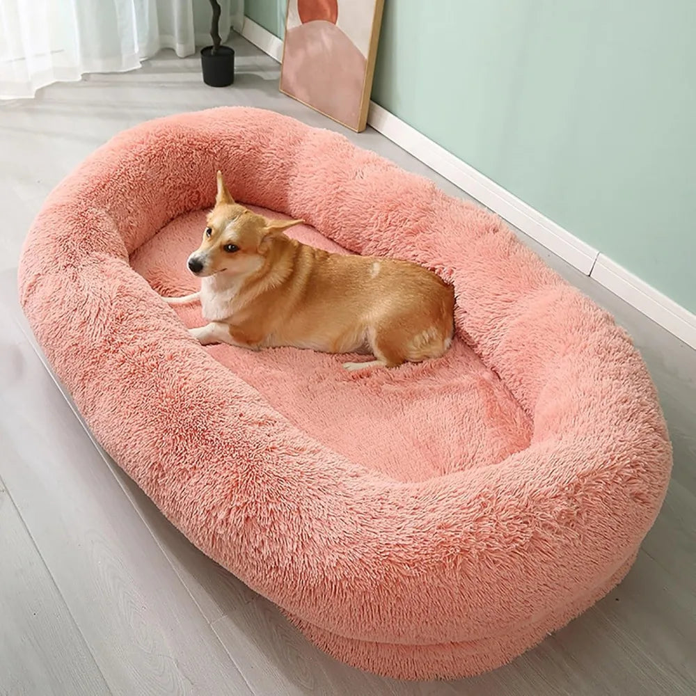 Giant Washable Faux Fur Dog Bed for Humans - Extra Large Nap Bed, Adult Oval Design, Comfortable Pet Bedding