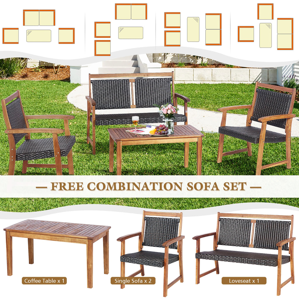 4 PCS Patio Rattan Furniture Set Acacia Wood Frame Sofa Loveseat Garden