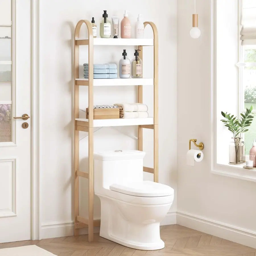 Over The Toilet Storage Shelf, 3Tier Over Toilet Bathroom Organizer, SpaceSaving Above Toilet Storage Shelf Rack with Bamboo Fra