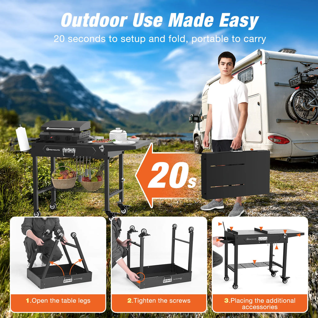 Foldable Grill Cart Outdoor with Wheels Portable Grill Table with Storage Movable Stand For Camping, BBQ