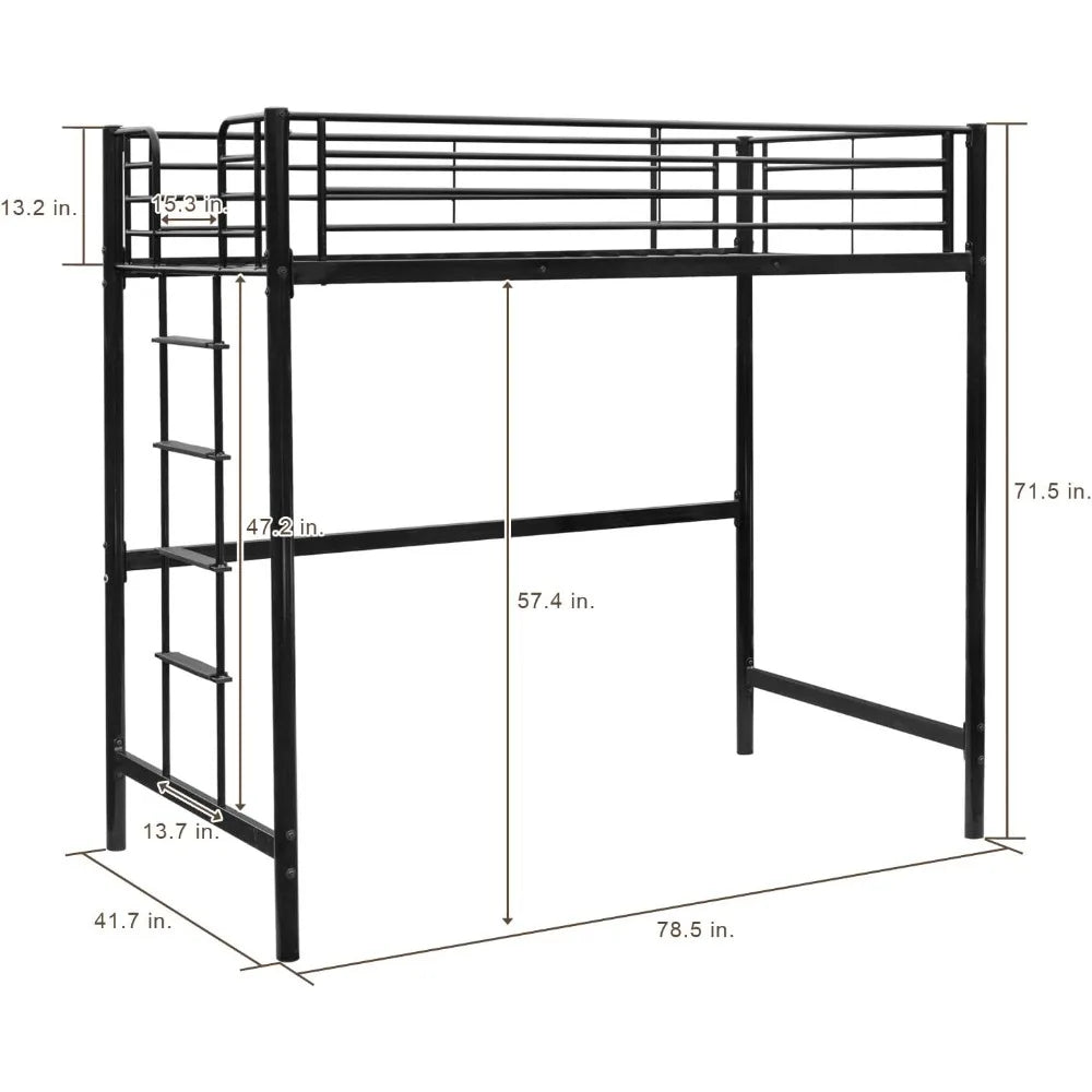 Twin Metal Loft Bed Frame, Space-Saving Design for Kids, Adults, and Teens, Black