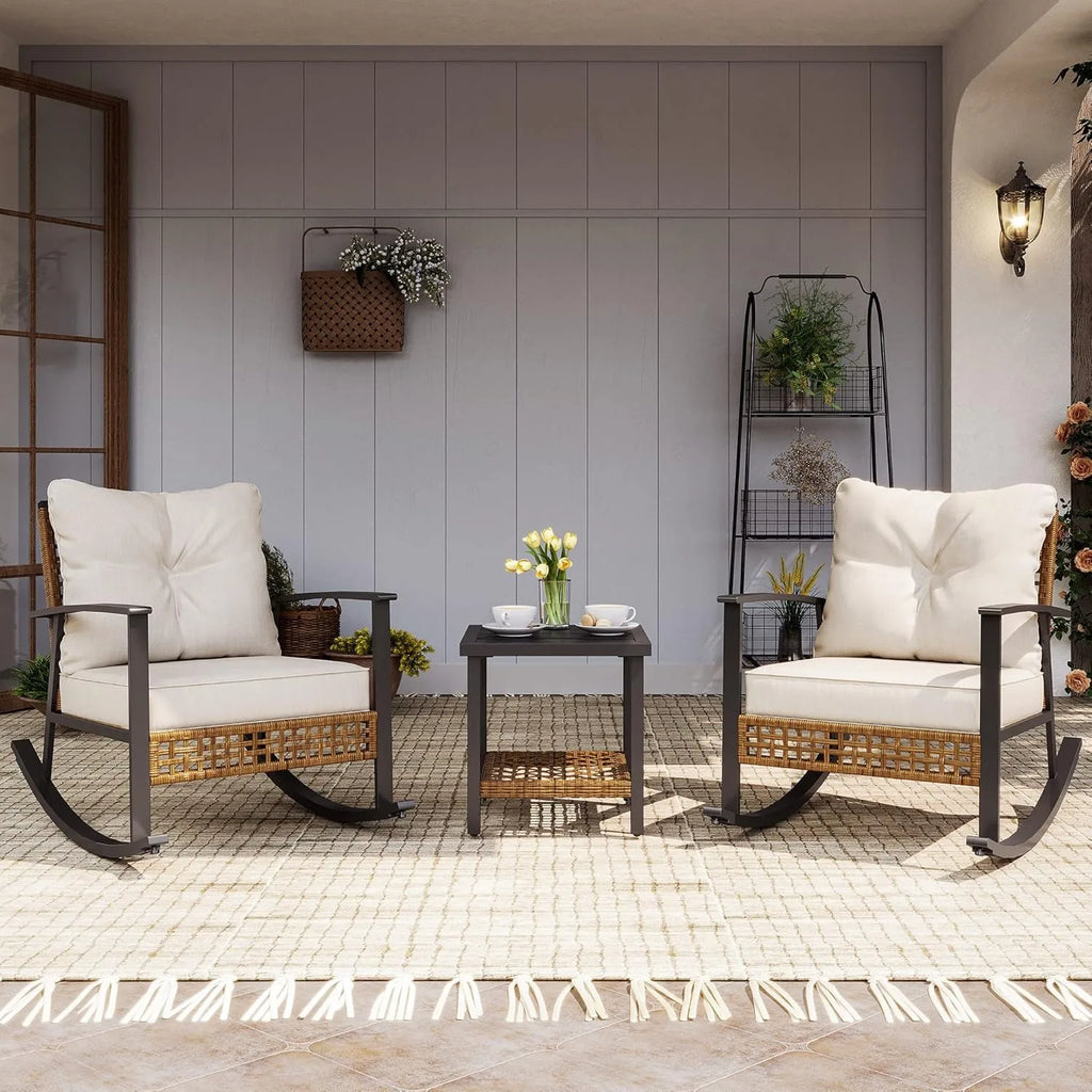 3 Pieces Rocking Bistro Set, Outdoor Patio Furniture Set with Thick Cushions and 2-Tier Coffee Table (Beige)