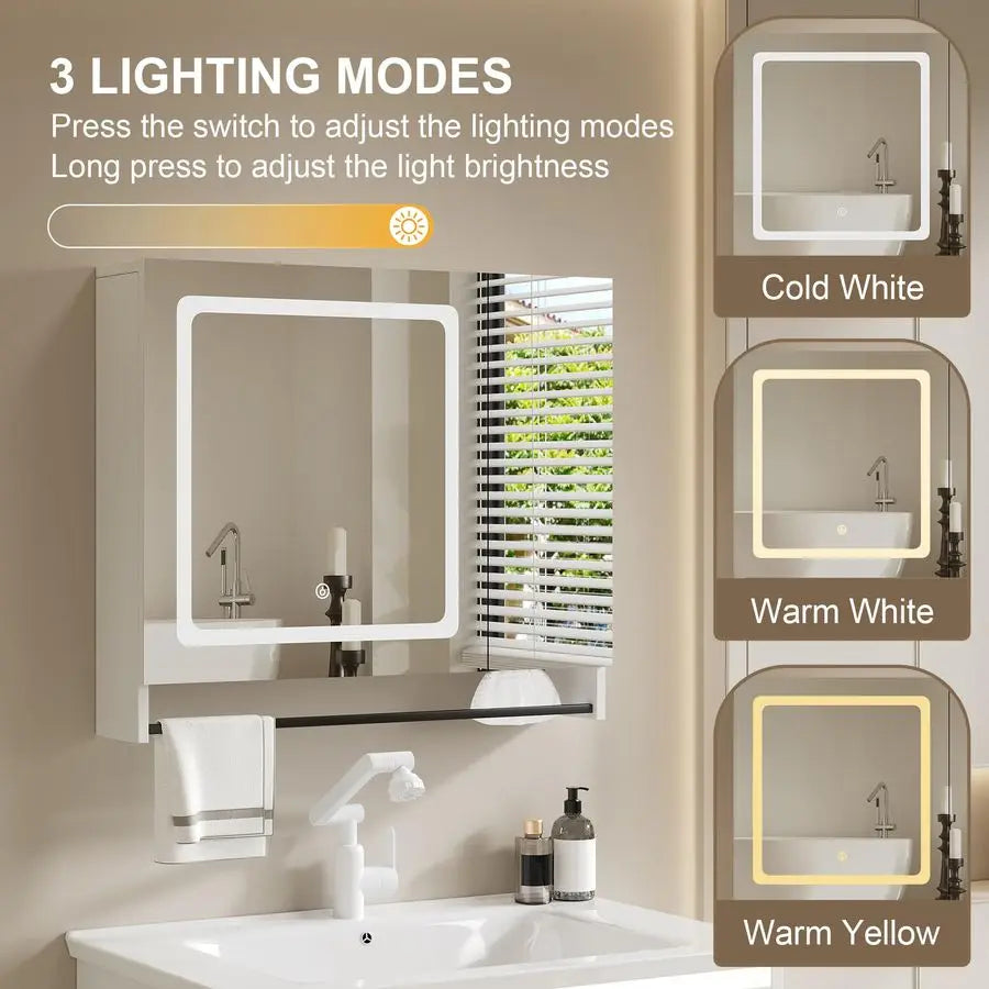 Bathroom Medicine Cabinet with Mirror, Modern Mirror Cabinet with LED Lights, Bathroom Wall Cabinet with Adjustable Shleves, Tow