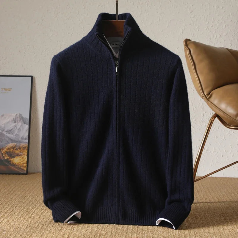 Men 100% Merino Wool Stand-Up Collar Cardigan Casual Knit Business Zipper Coat Autumn Winter Versatile Warm Men Cashmere Jacket