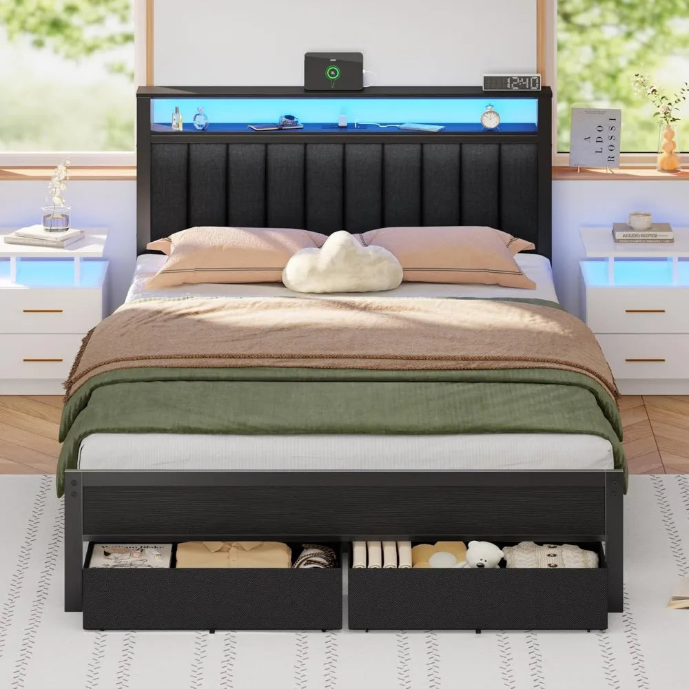 Furnulem Queen Bed Frame with Charging Station and LED Lights, Grey Upholstered Headboard with Shelves, Metal Platform Bed with