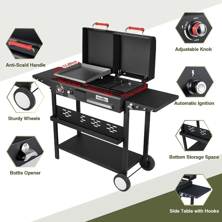 Propane Gas Griddle Charcoal Grill Combo Flat Top Griddle with Dual Lids 2 Side Shelves Dual Fuel BBQ Grill for Outdoor Barbecu