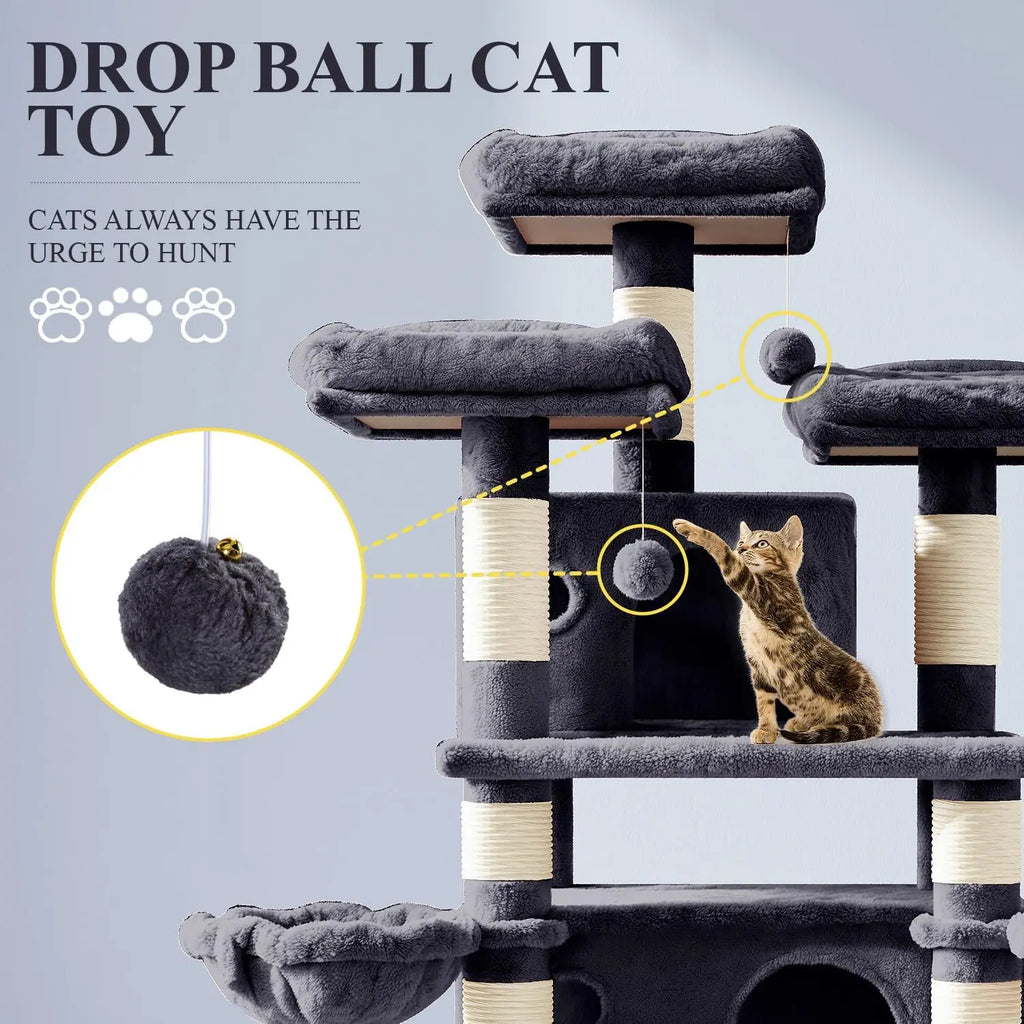 Large Cat Tree with Sisal Scratching Posts, Multi-Level Playhouse for Big Cats, Grey