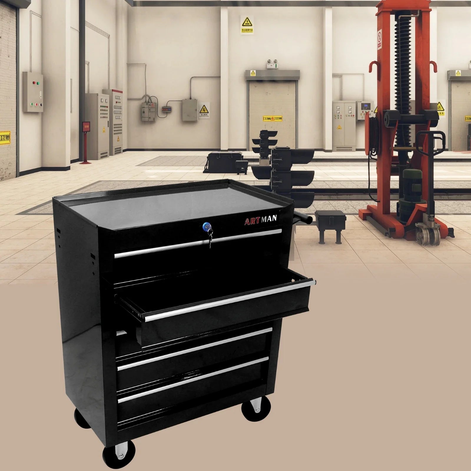 Tool cart with wheels 5 drawers,multifunctional rolling tool cart,locking tool storage organizer cart for garage,warehouse,black