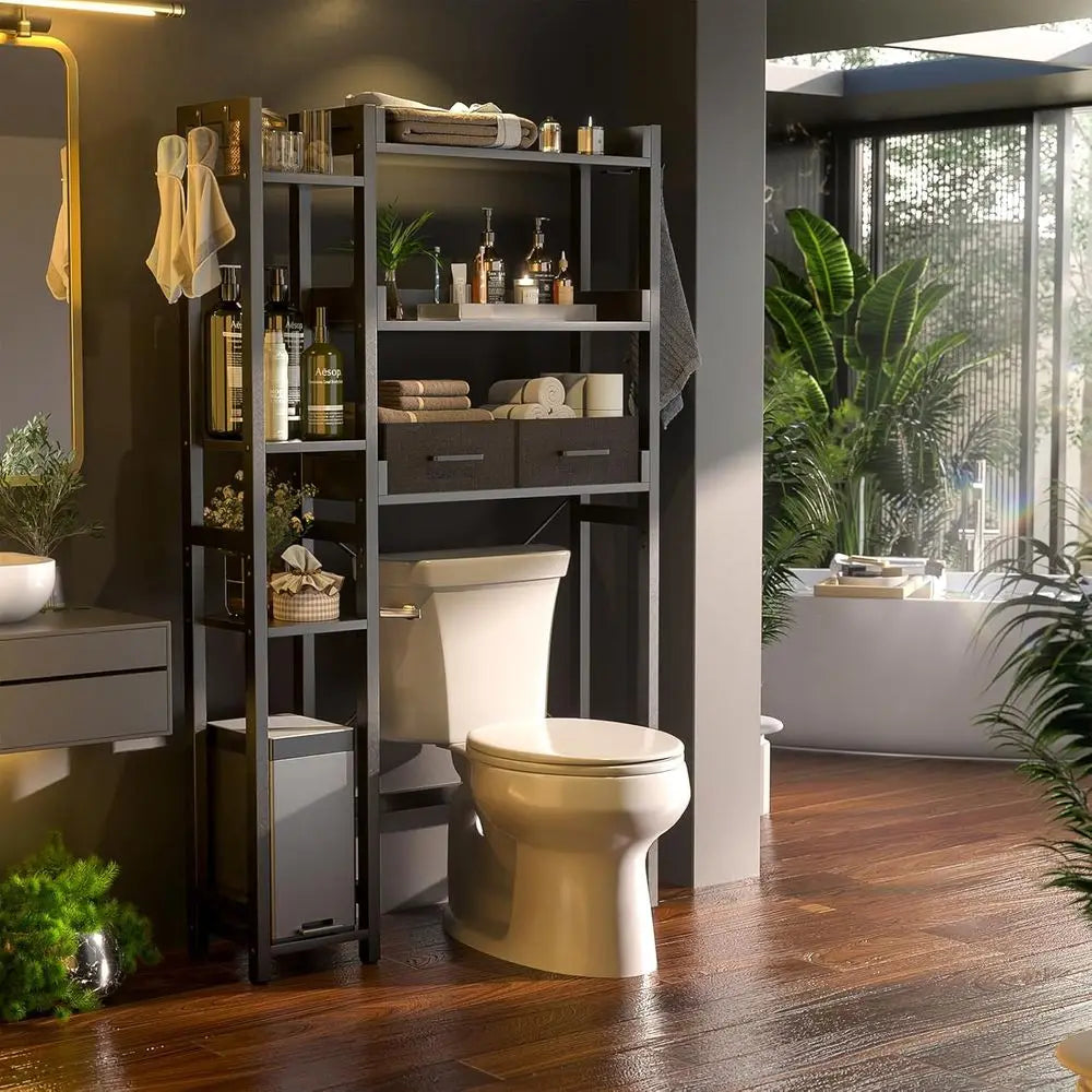 Over The Toilet Storage with 2 Drawers - 7 Tier Bathroom Organizer with Adjustable Shelf, Freestanding Space Saver Storage Rack