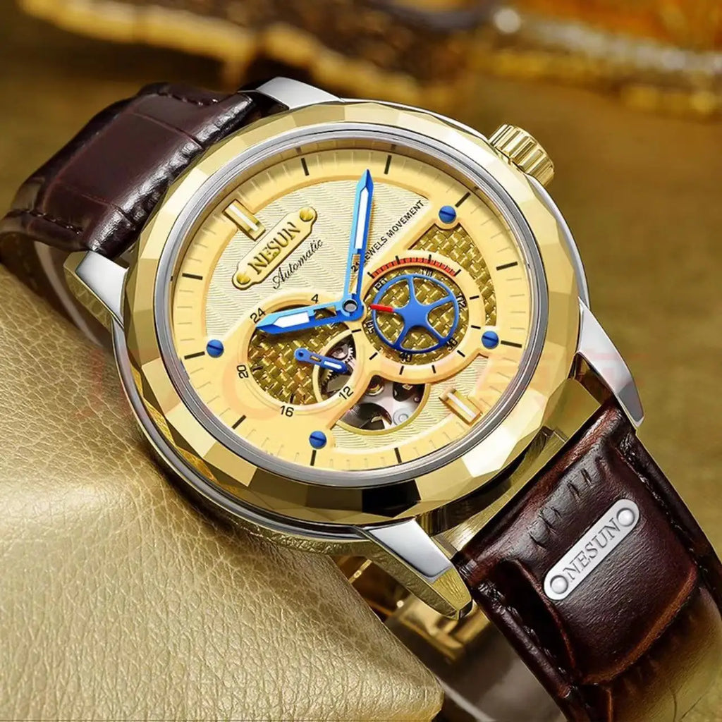 NESUN automatic mechanical watch, stainless steel case luminous classic men's wristwatch, large dial mechanical watch