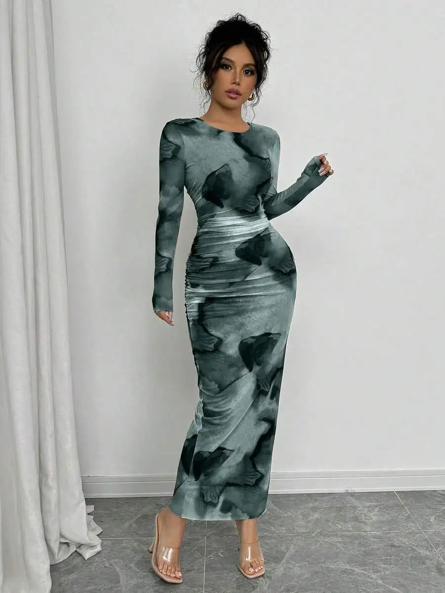 Elenzga Elegant Gradient Long Sleeve Slim Fit Women's Dress Fall Cloth For Women