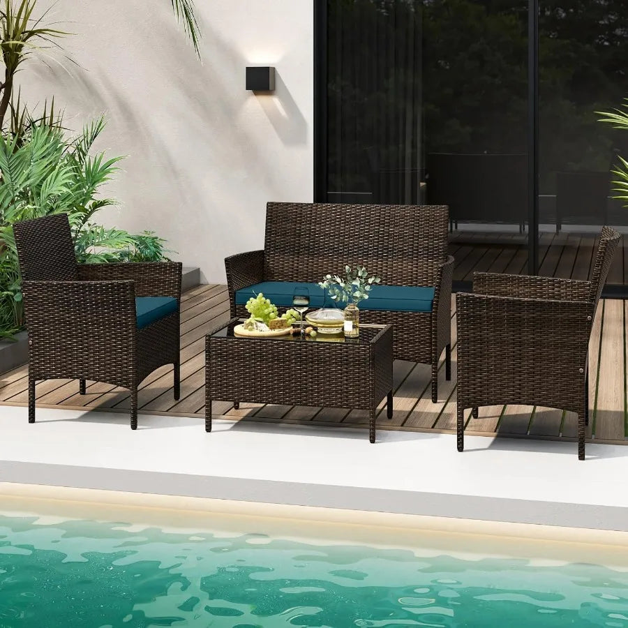 8 Piece Patio Rattan Conversation Set Outdoor Wicker Furniture Set with Chair Loveseat Tempered Glass Table Cozy Seat