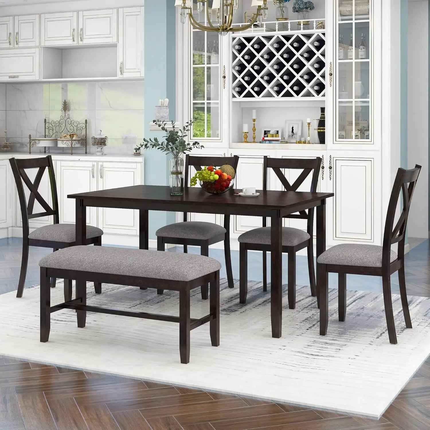 6 Piece Kitchen Dining Table Set, Wood Rectangular Table and 4 Dining Chairs with Cushions and 1 Bench with Cushion, Kitchen