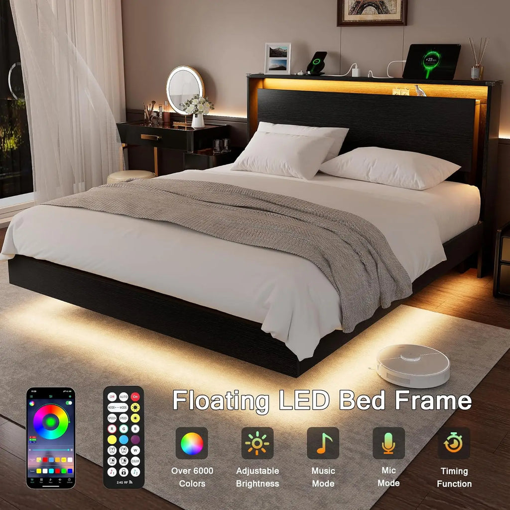 Bed Frame Queen Size with LED Lights & Charging Station – Kids Wood Floating Queen Bed Frame with Storage, Customized