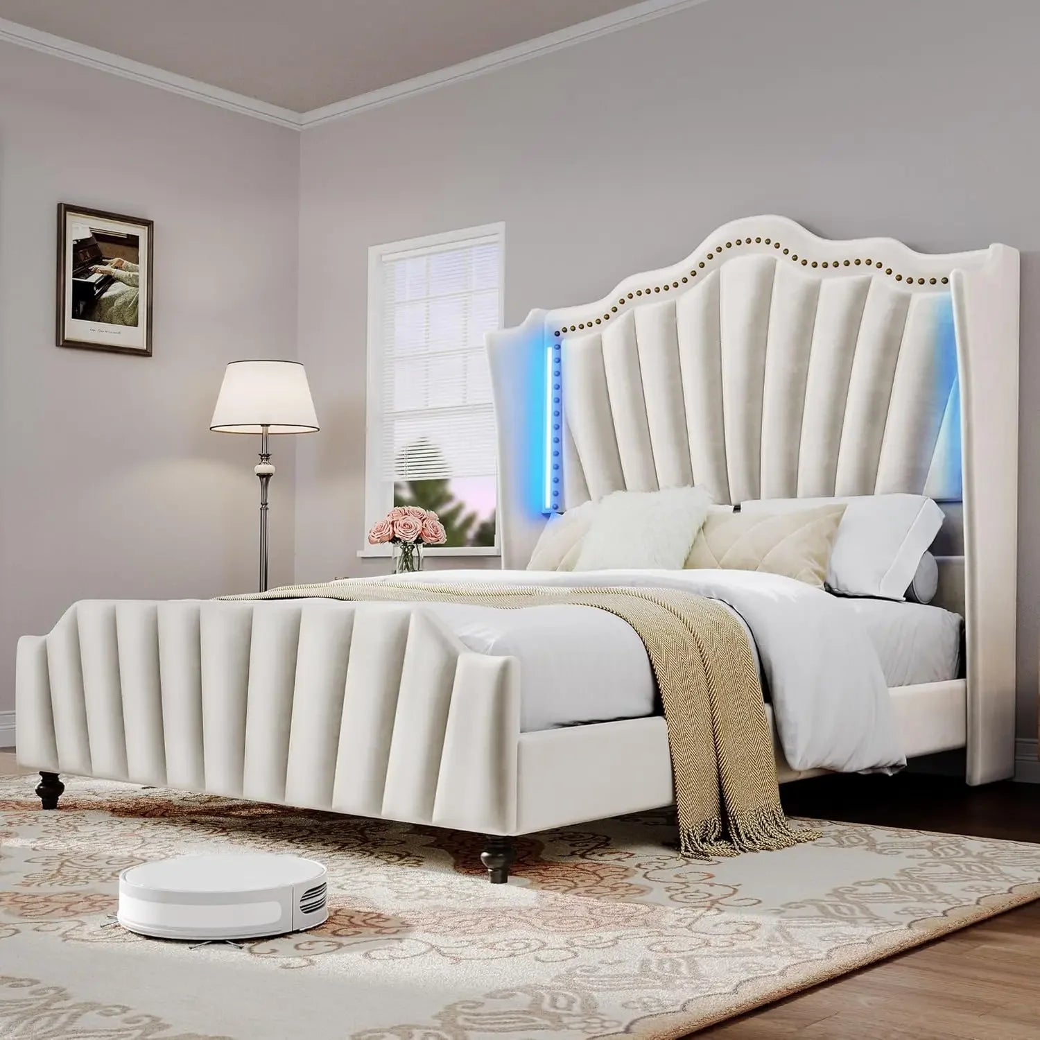 LED Queen Size Bed Frame with 60" Tall Wingback Headboard and Footboard, Solid Wood Leg, No Box Spring Needed, Easy Assembly