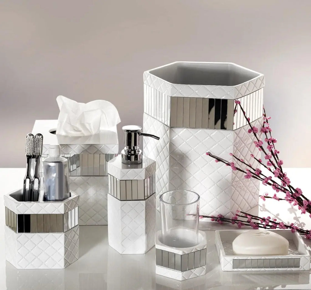 Elegant Quilted Mirror White Bathroom Set - 6-Piece Accessories with Trash Can, Tissue Box, Soap Dispenser, Holder & More