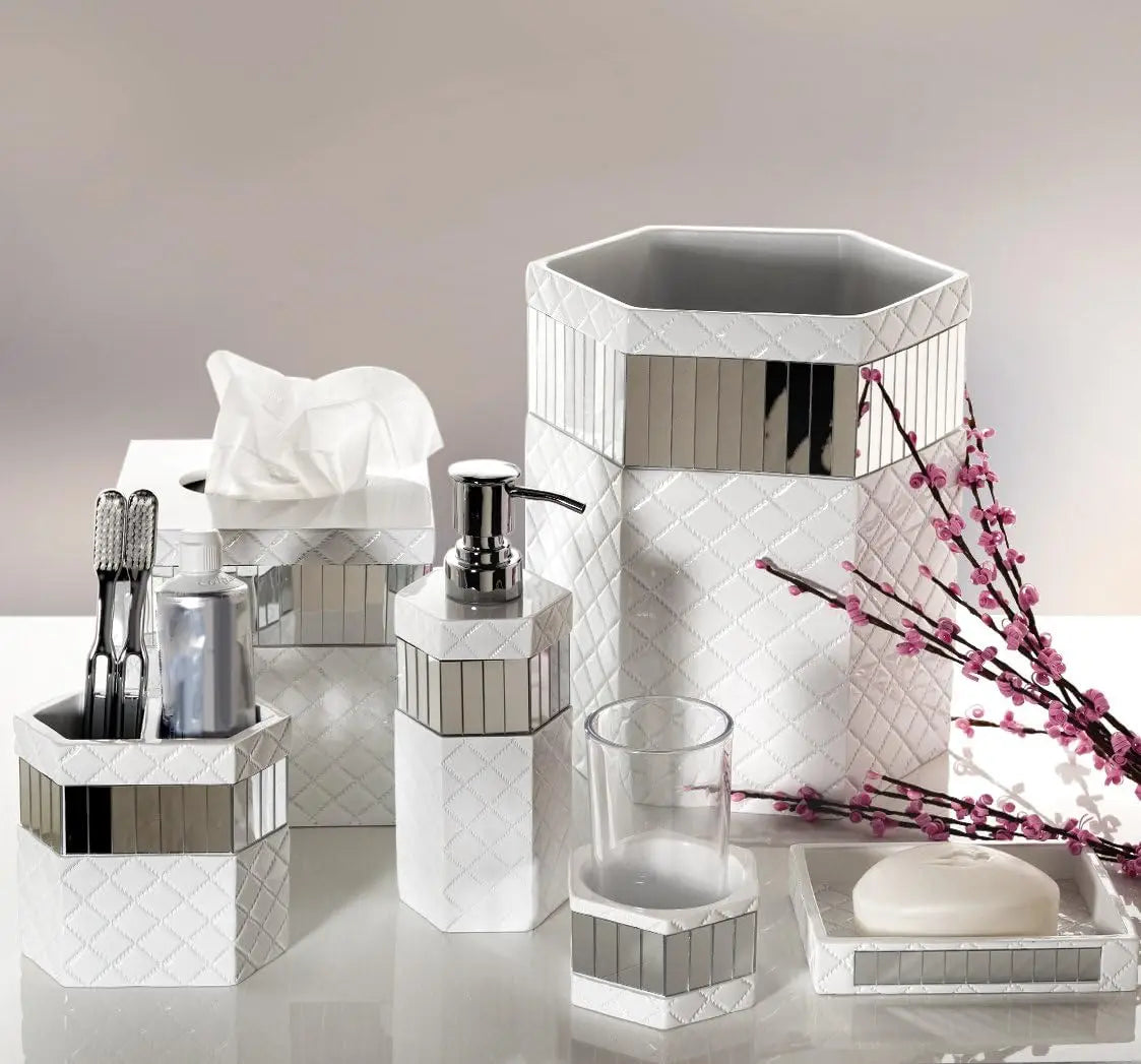 Elegant Quilted Mirror White Bathroom Set - 6-Piece Accessories with Trash Can, Tissue Box, Soap Dispenser, Holder & More