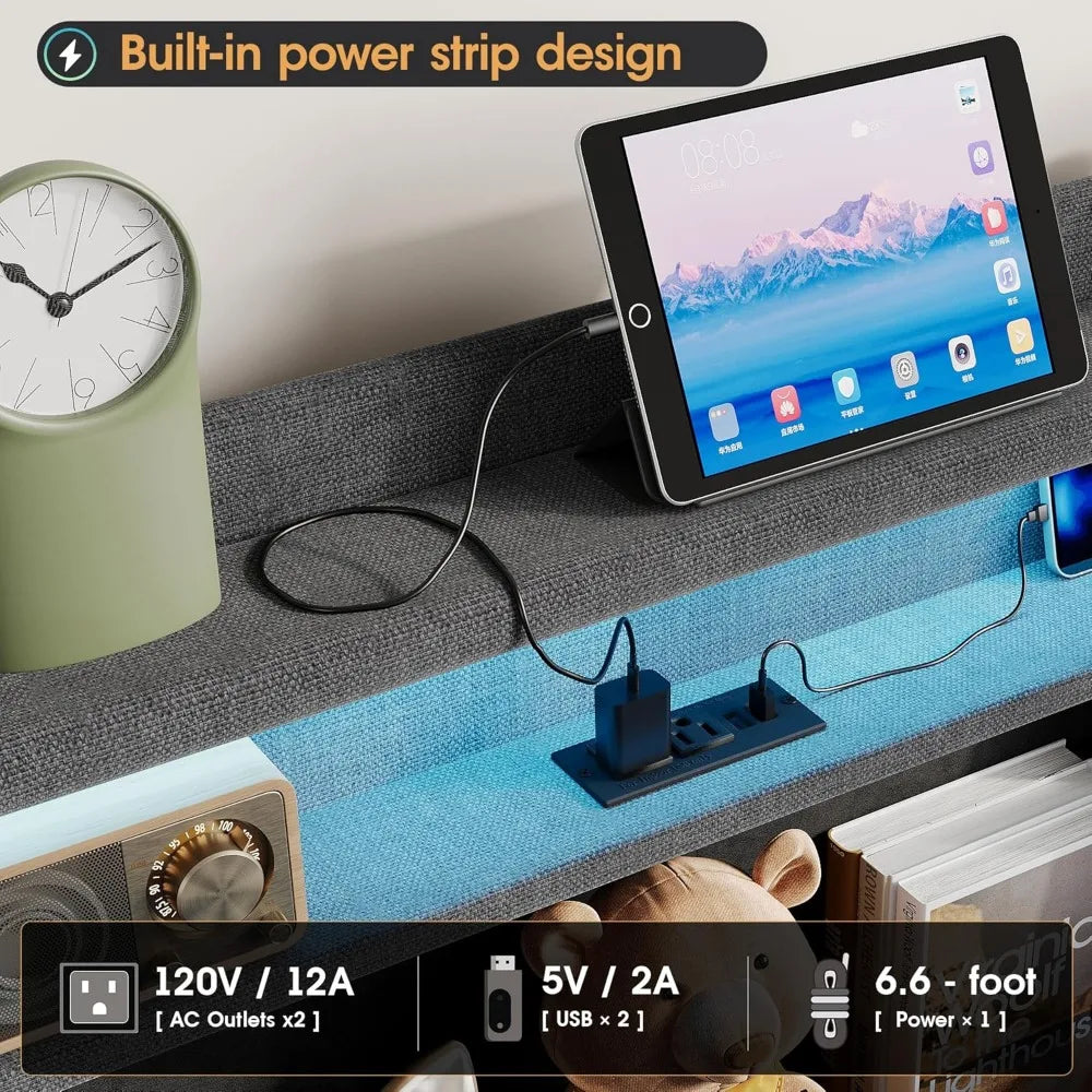 Queen Size Lift Storage Bed Frame with Upholstered Headboard, Charging Station, LED Lights, and Platform Design