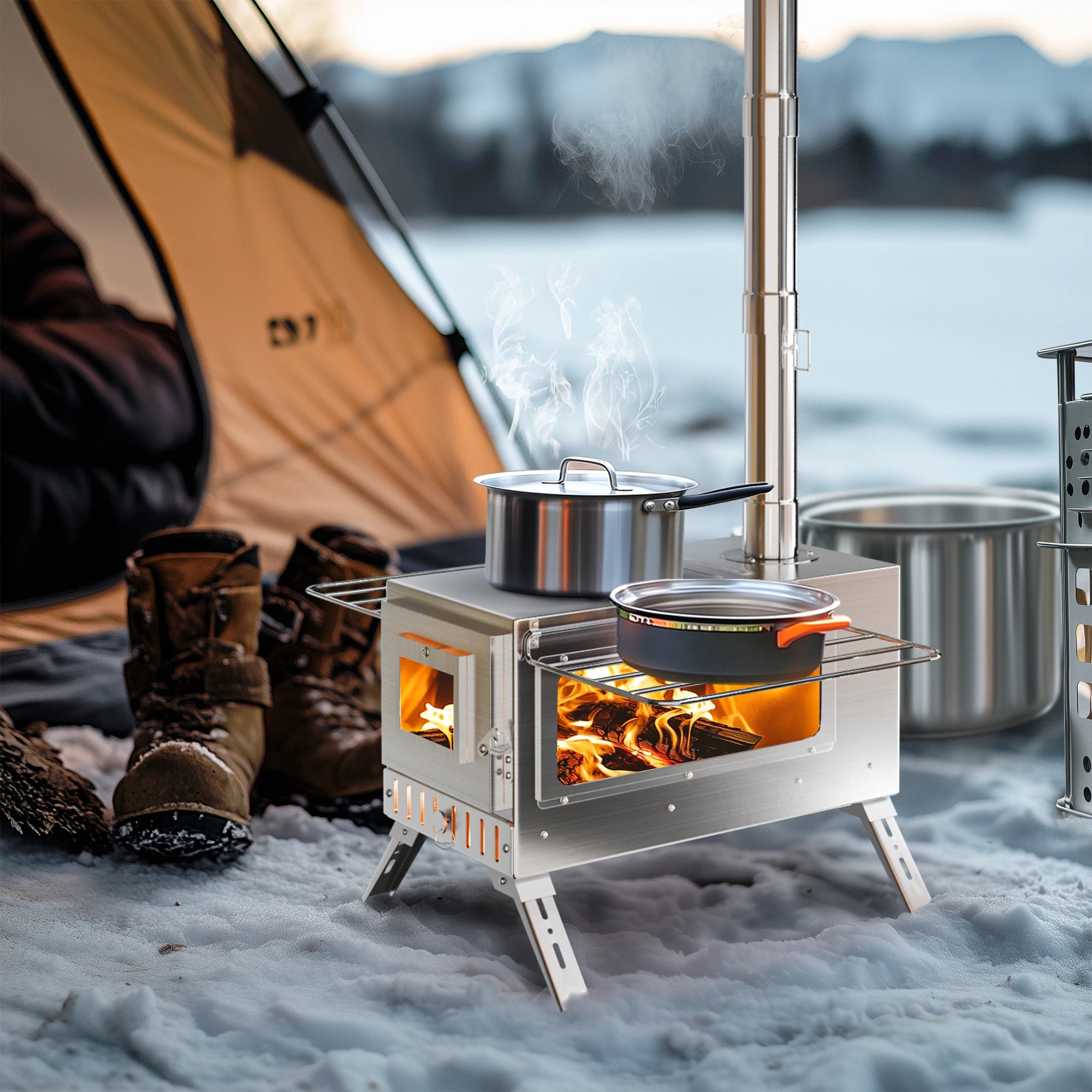 Portable Camping Tent Wood Stove for Outdoor Heating Stainless Steel Hot Tent Stove Burner Stove with 7 Chimney Pipes