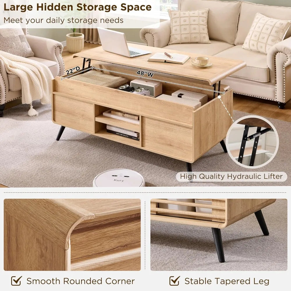 48 Lift top Coffee Table, mid Century Modern Coffee Table with Slatted Sliding Door, Hidden Storage Compartment, 4 Stor