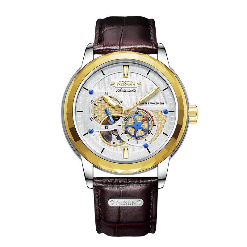 NESUN automatic mechanical watch, stainless steel case luminous classic men's wristwatch, large dial mechanical watch