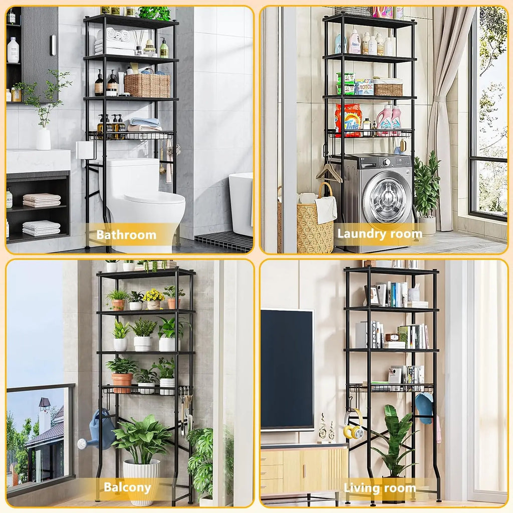 4-Tier Over-The-Toilet Storage Rack with Adjustable Shelf and Basket, Freestanding Space Saver for Bathroom (Black)