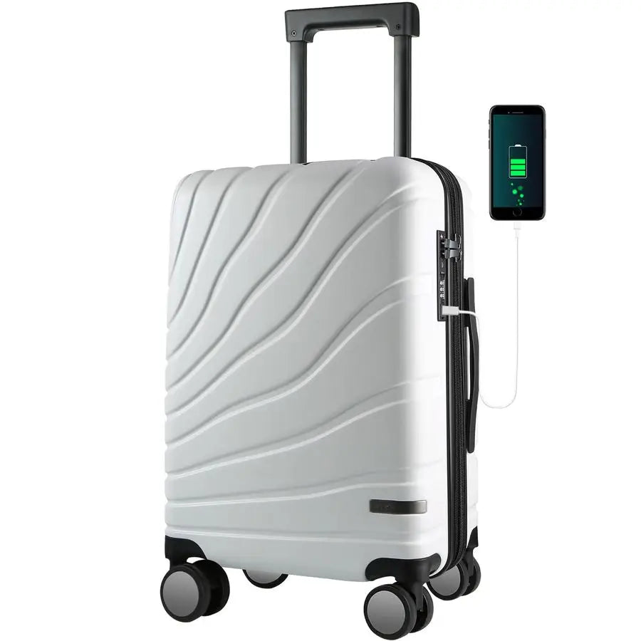 On Luggage with Spinner Wheels amp TSA Lock, Expandable Fashionable Hard Shell Suitcase airline approved20 Inch CarryOnWhite