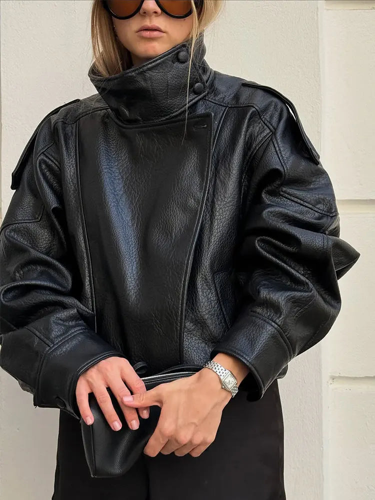 Autumn Faux Leather Jacket For Women Casual Solid Long Sleeve Zipper Pu Leather Coats New Fashion Female Streetwear