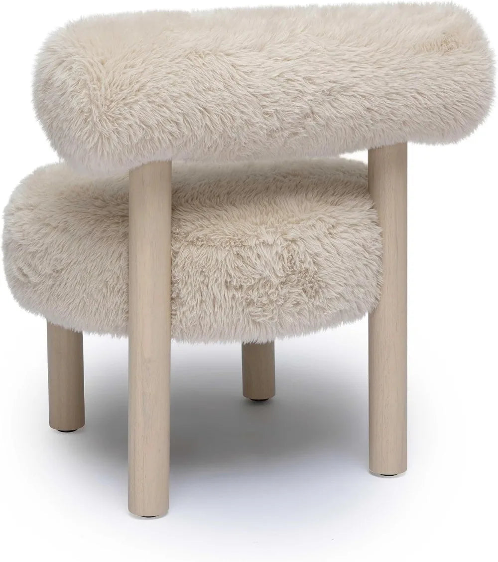 Vegan Shearling Accent Chair, Natural Carmel Color, Wide Seat for Living Room Bedroom Decor