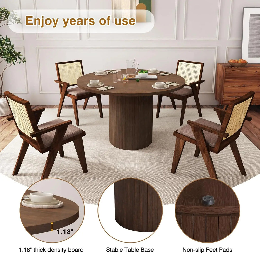 Fluted Round Dining Table, 47-inch Wood Kitchen for 4, Farmhouse Circle Table with Strip Base for Kitchen, Living Room, Walnut