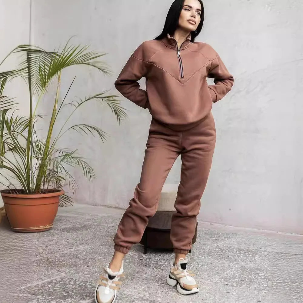Sports Suit Zippered Solid Color Long-sleeved Winter Pullover Sweatshirt Set With Leggings Trousers Sets Womens Two Piece Outfit