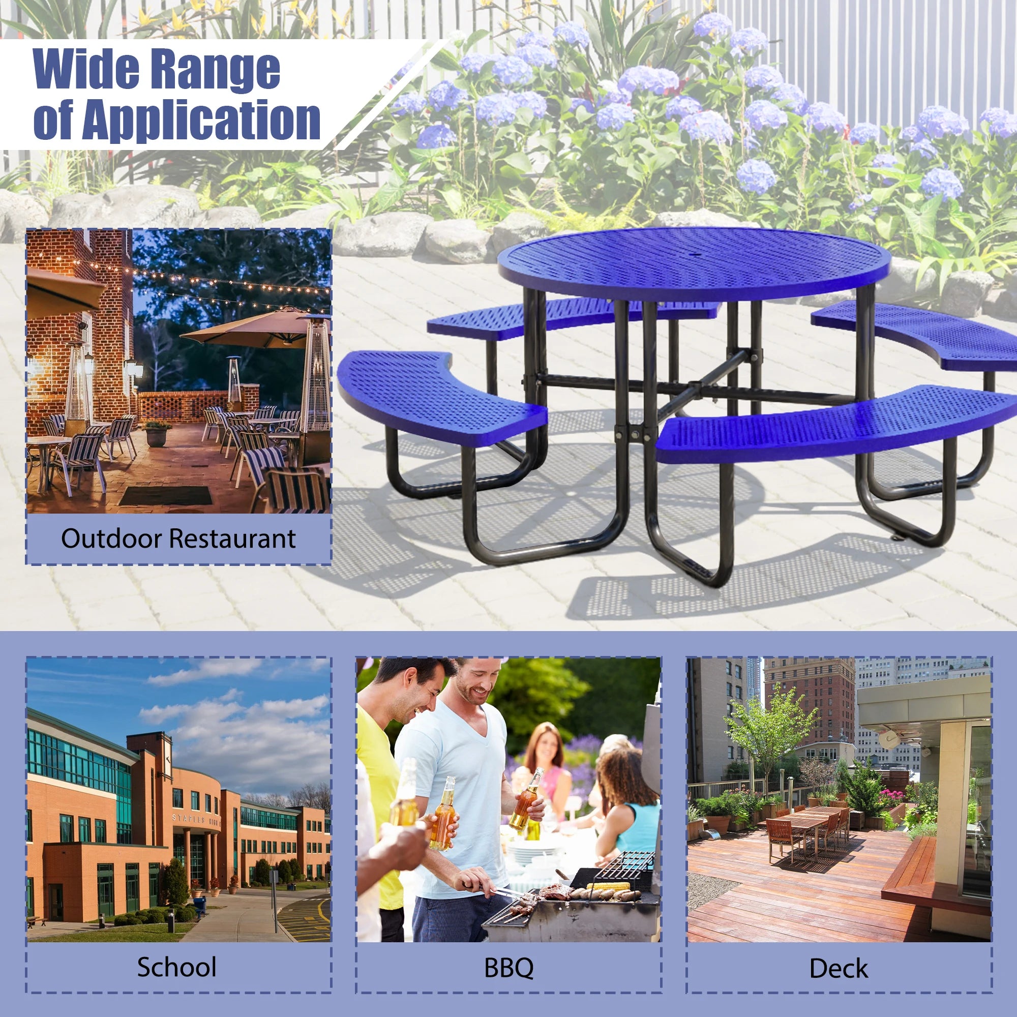 LZBEITEM Round Metal Picnic Table with Umbrella Hole, 46" Steel Portable Picnic Table for Outdoor, Patio, Garden, Courtyard BBQ