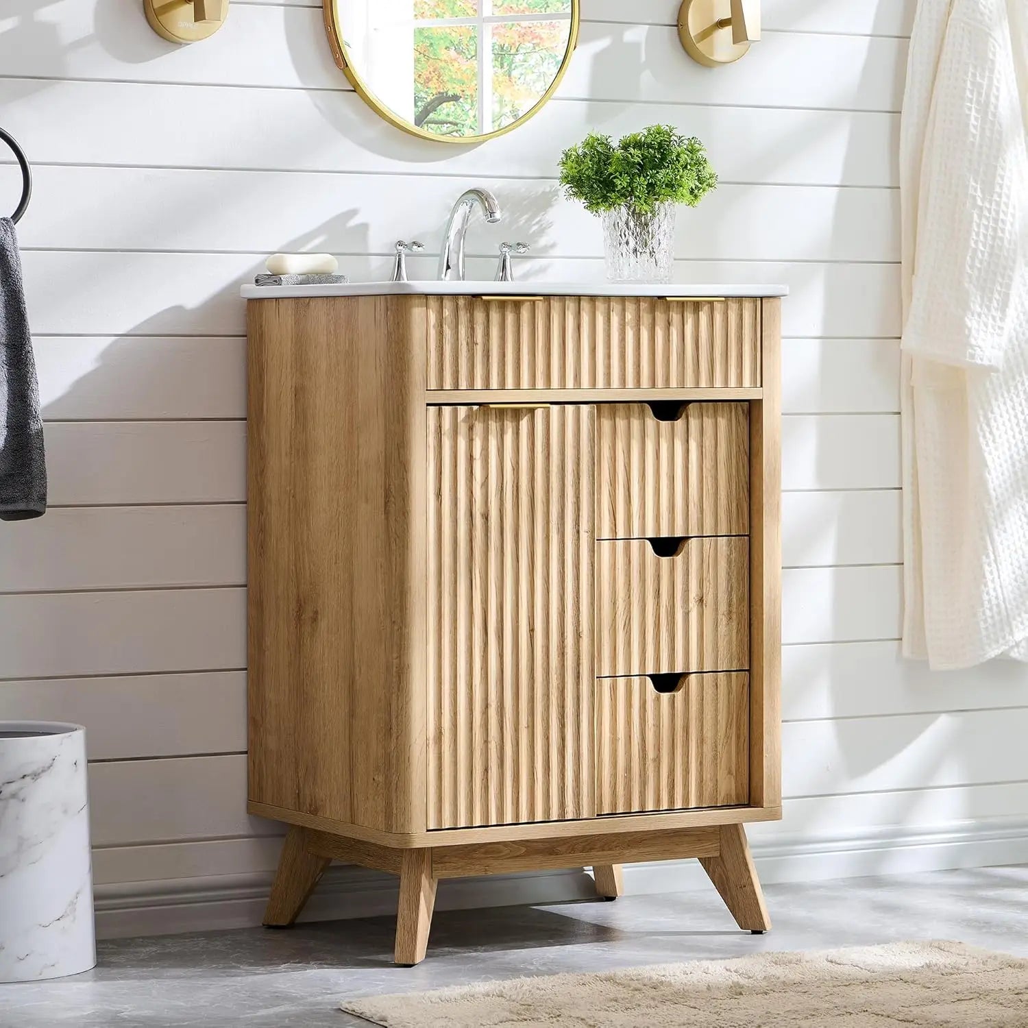 24" Fluted Bathroom Vanity with Ceramic Sink Combo，Freestanding Small Modern Bathroom Storage Vanity Cabinet with Sliding Door
