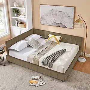 SOFTSEA Queen Size Upholstered Corner Daybed, Modern L-Shaped Daybed with Tufted Backrest, Velvet Corner Bed Floor Bed Frame wit
