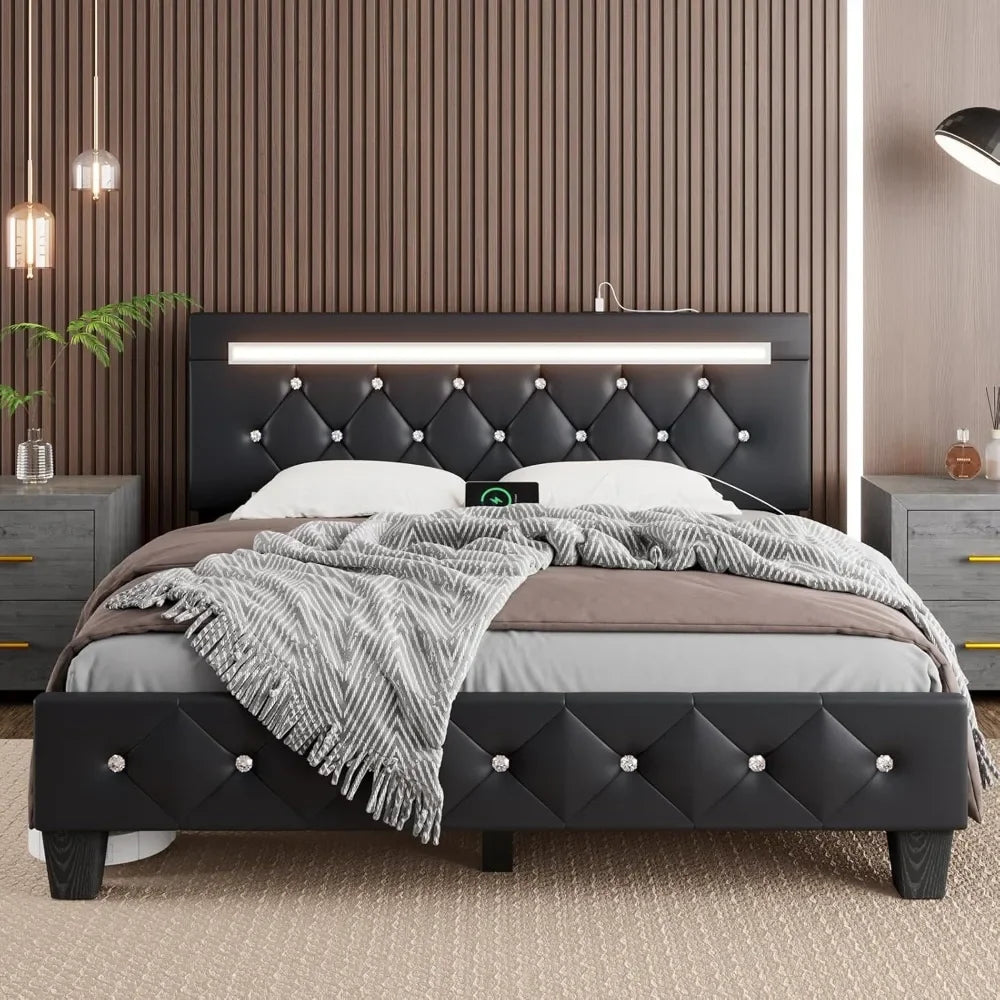 Faux Leather Platform Bed Frame with LED Light And Charging Station Handcrafted Crystal Button Adjustable Headboard Queen Size