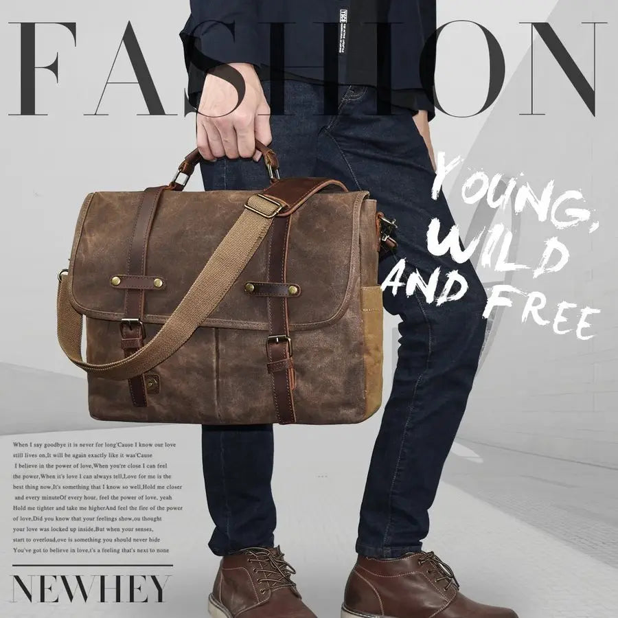 Messenger Bag 15.6 Inch Waterproof Vintage Genuine Leather Waxed Canvas Briefcase Large Leather Computer Laptop Bag Rugged Satch