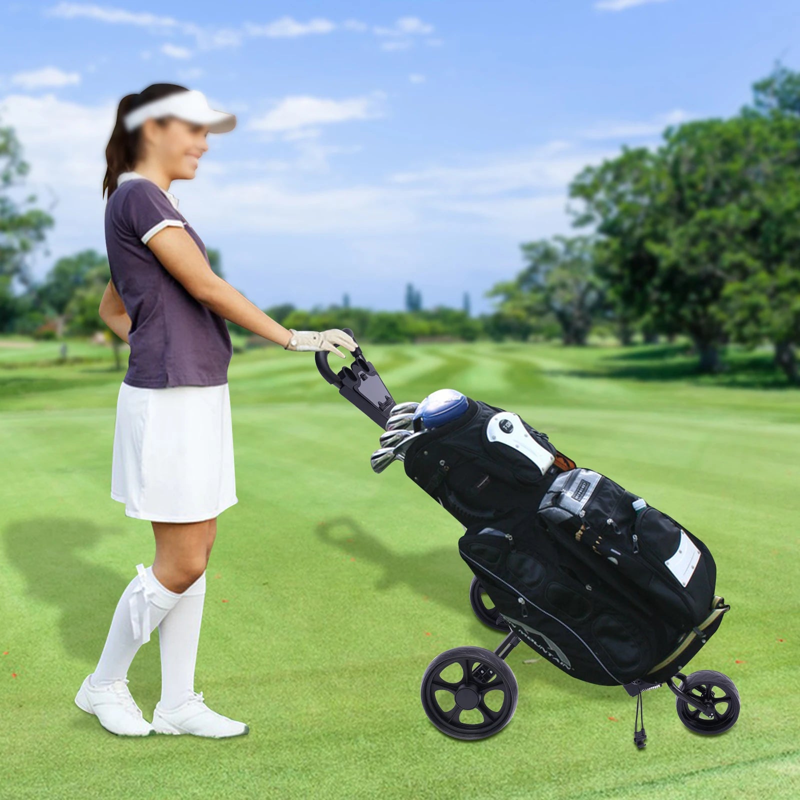 3-Wheel Foldable Golf Push Cart Foldable Golf Trolley Push Pull Cart Course Equipment Large Wheels & Foot Brake