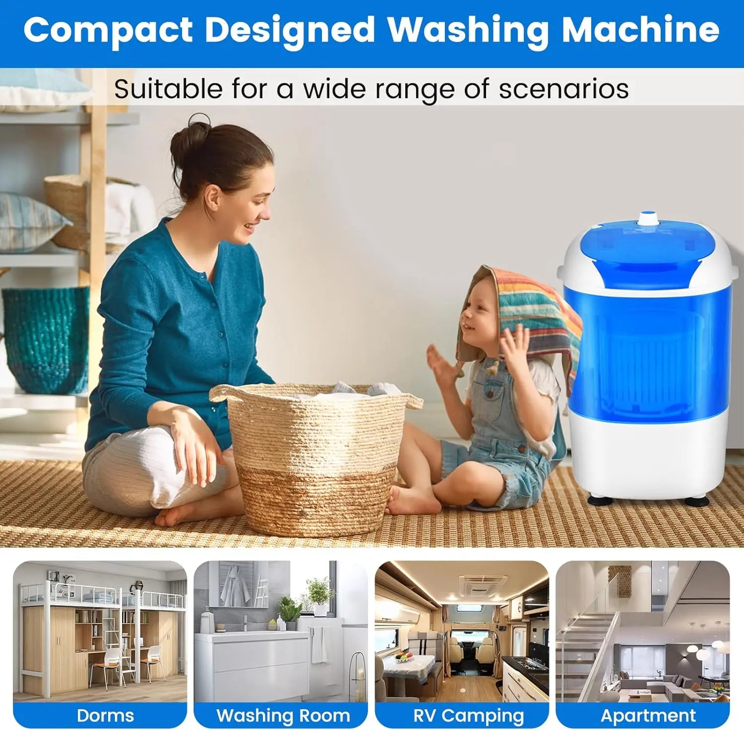 Portable Mini Washing Machine with Spin Dryer, Washing Capacity 5.5lbs, Electric Compact Machines Durable Design Energy