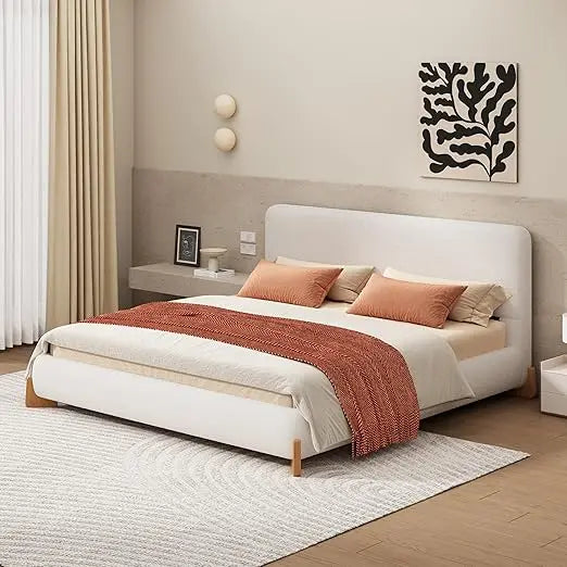 Merax King Bed Frame and Headboard, Boucle Upholstered Bed Platform Bedframe, No Box Spring Required, Noise Free, White