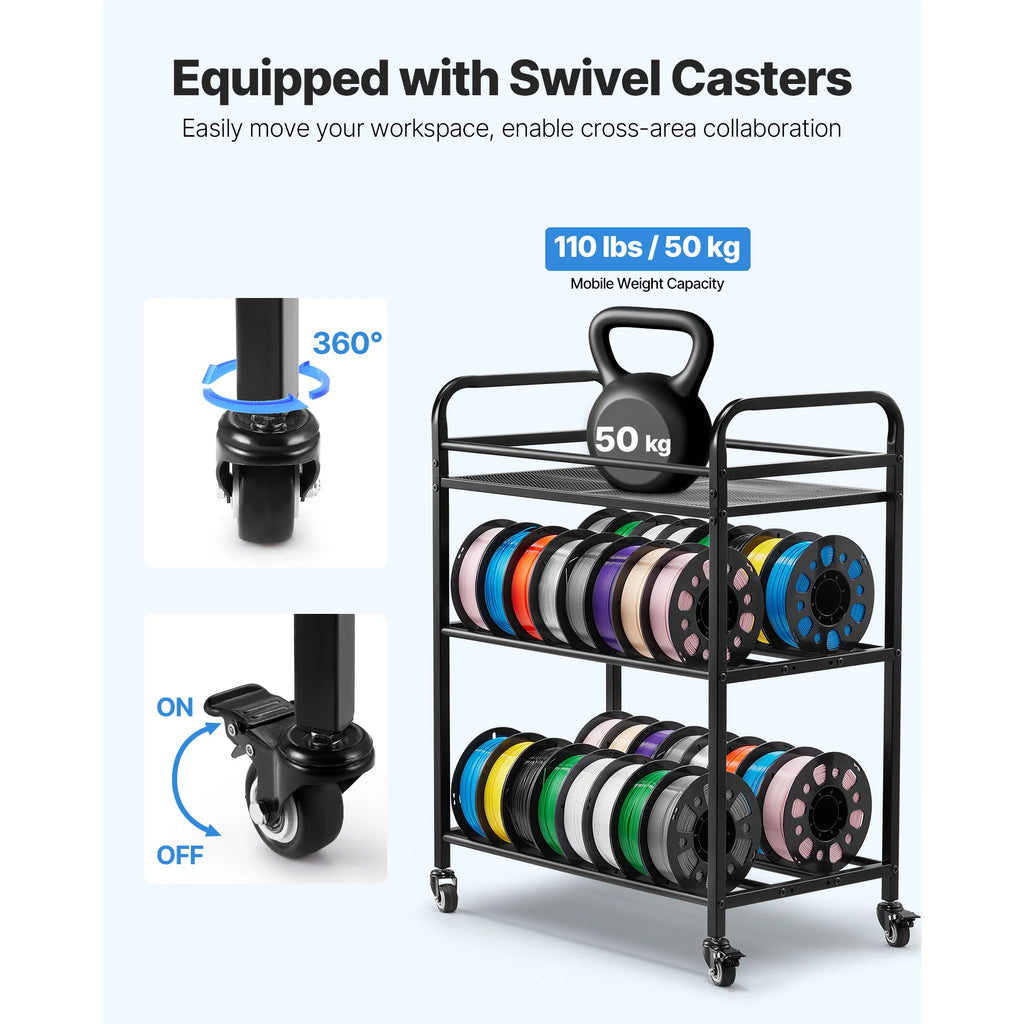 SucceBuy 3 Tier 3D Printer Filament Storage Rack Rolling Filament Spool Holders Racks with Wheels Filaments Organzied for Office