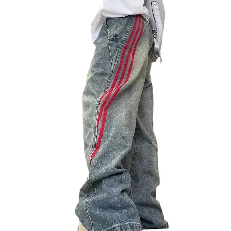 Vintage American Style High-Waisted Striped Color Blocking Jeans New Couple Model Loose Fit Bell Bottoms Fashion Sensibility Des